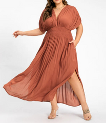 V-Neck Ruched Waist Maxi Plus Size Dress