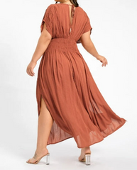 V-Neck Ruched Waist Maxi Plus Size Dress