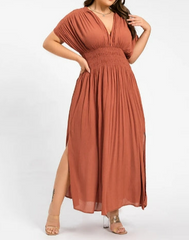 V-Neck Ruched Waist Maxi Plus Size Dress