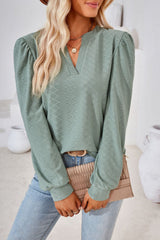 Green Jacquard V Neck Bishop Sleeve Top