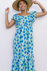 Sky Blue Boho Floral Print Maxi Dress