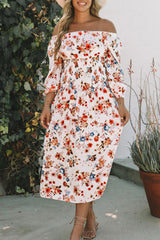 White Off Shoulder Smocked Waist Floral Dress
