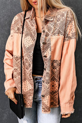 Pink Geometric Print Ripped Shirt Jacket with Pockets