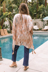 Beige Abstract Print Short Sleeve Open Front Kimono