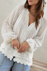 Bright White Delicate Hollowed V Neck Lace Hem Shirt