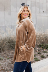 Khaki Casual Button Down Plus Size Velvet Shirt