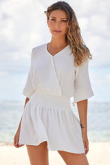 White 3/4 Sleeves Textured Smocked Drape Beach Dress