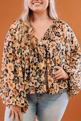 Multicolor Plus Size Floral V-Neck Long Sleeve Blouse