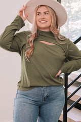 Green Plus Size Ribbed Mock Neck Peek-A-Boo Cut Out Top