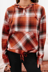 Orange Plaid Print Pocketed Hoodie