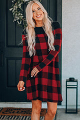 Buffalo Plaid Splicing Long Sleeve Mini Dress