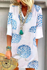 White Abstract Dandelion Print Half Sleeve Dress