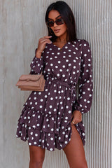 Brown Polka Dot Print Lace-up Ruffled Mini Dress