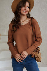 Brown Waffle Knit Splicing Buttons Long Sleeve Top