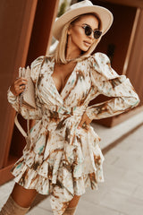 White Ruffle Tiered V Neck Wrap Print Mini Dress