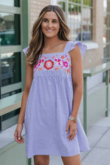 Sky Blue Floral Embroidered Striped Ruffled Sleeveless Mini Dress
