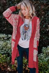 Red Contrast Trim Belted Chunky Cardigan