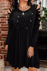 Black Rhinestone Ruffled Hollow Out Mini Dress