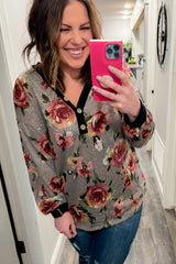 Gray Floral Long Sleeve Plus Size Henley Top