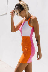 Pink Color Block Ribbed Sleeveless Bodycon Mini Dress