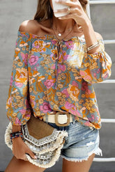 Blue Frilled Off Shoulder Floral Blouse