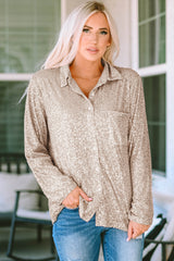 Apricot Sequin Collared Bust Pocket Buttoned Shirt