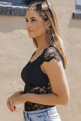 Black Floral Lace Scalloped Square Neck Bodysuit