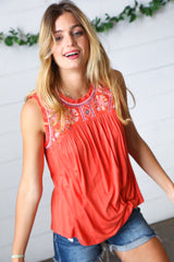 Orange-Red Embroidery Lace Edge Yoke Top
