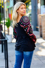 Black Square Neck Dueling Dreams Border Print Blouse