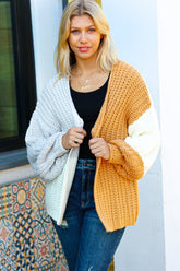 Face The Day Camel Color Block Chunky Knit Cardigan