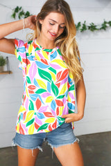 Green & Yellow Floral Leaf Flutter Sleeve Top