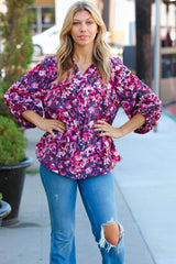 Purple Floral Print V Neck Woven Top