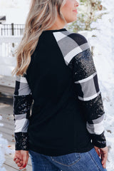 Black Sequin Plaid Patchwork Raglan Sleeve Top
