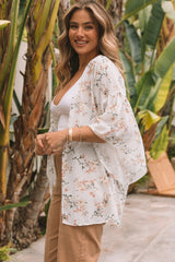 White Floral Print Ruffled Long Sleeves Kimono