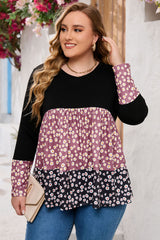 Black Floral Pattern Color Block Plus Size Pullover Top