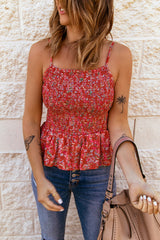 Red Floral Print Smocked Flounce Spaghetti Strap Camisole