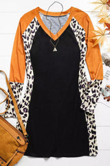 Black Leopard Color Block V-Neck Mini Dress