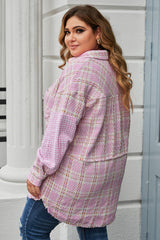 Pink Plus Size Tweed Plaid Houndstooth Print Jacket