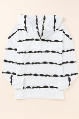 White Striped Drawstring Button Long Sleeve Hoodie