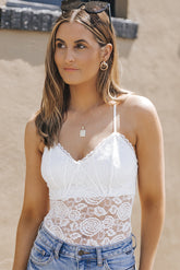 White Crisscross Back Soft Bone Floral Lace Crochet Bodysuit