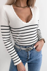 White Scalloped Trim Striped Print Sweater
