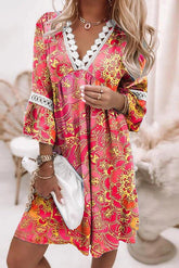 Multicolor Crochet V Neck 3/4 Sleeves Ruffle Dress