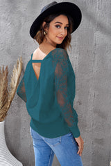 Blue Sexy V Neck Surplice Hollow-out Sweater with Lace Sleeves