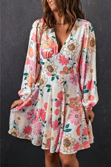 White Boho V Neck Bubble Sleeves Floral Dress
