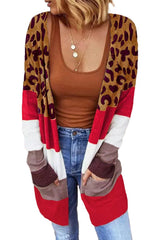 Leopard Color Block Pocketed Long Cardigan