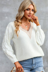 White Cable Puff Sleeve Lace V Neck Sweater