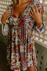 Sky Blue Floral V Neck Empire Waist Babydoll Dress