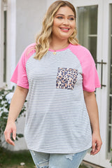 Stripe Leopard Patch Pocket Plus Size Raglan Sleeve Tee