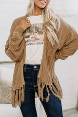 Khaki Fringe Open Front Knit Cardigan