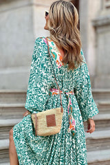 Green Abstract Pattern Print V Neck High Waist Maxi Dress